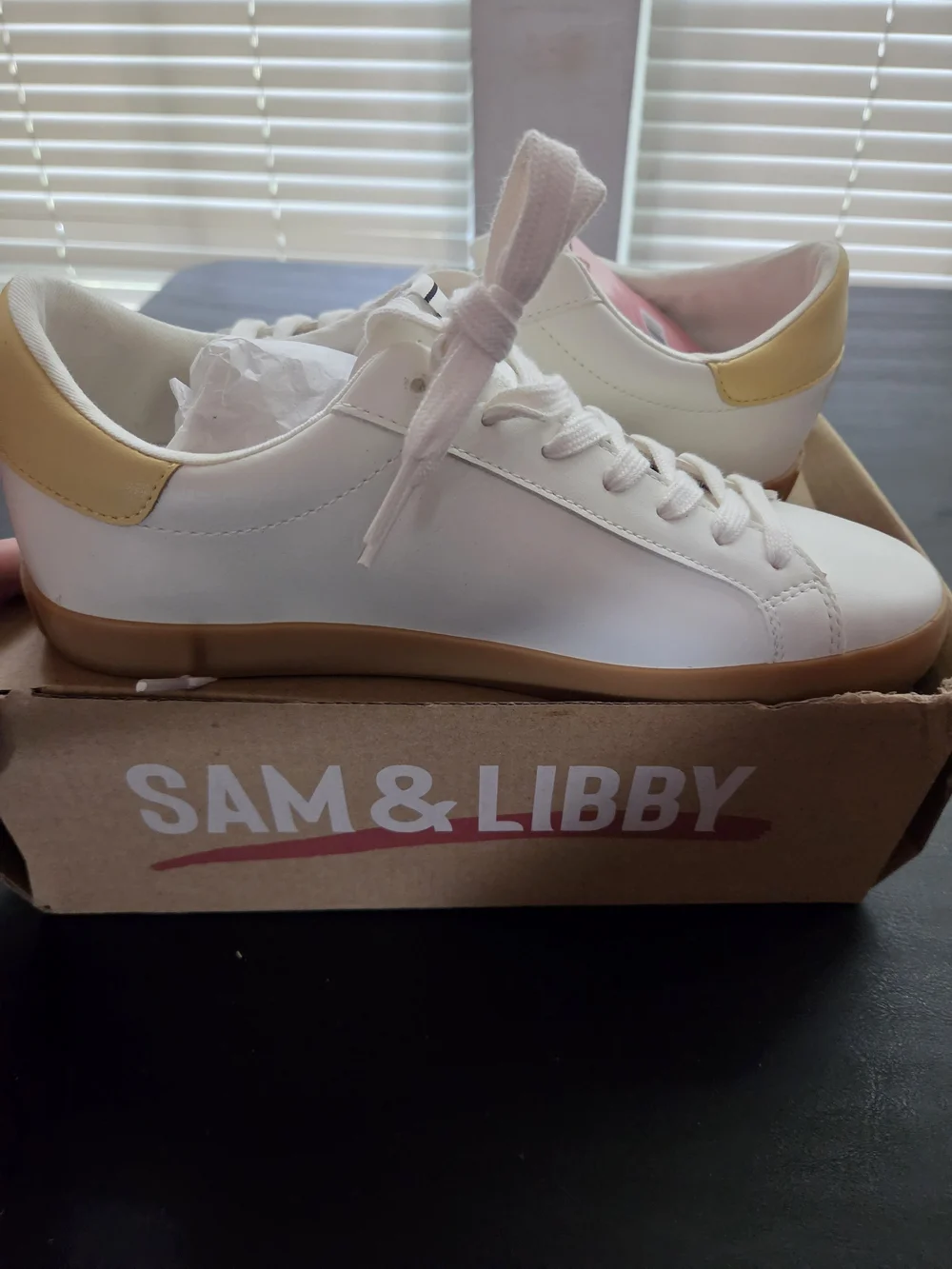 Sam & Libby Women's bright white  Leather Lace-Up Sneakers with Yellow Accent